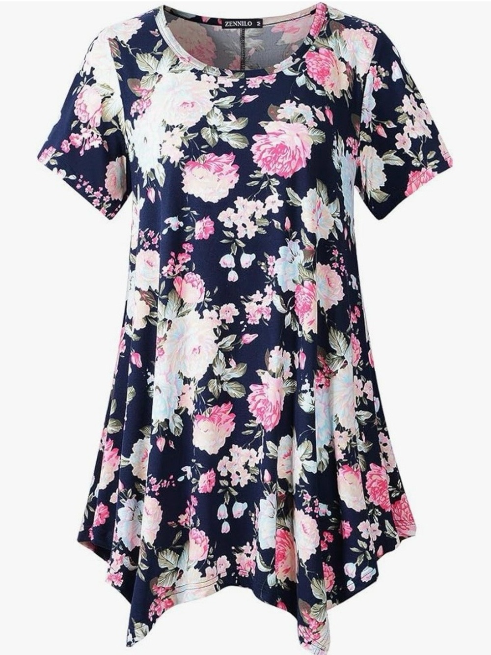 Floral Navy Tunic Top with Pink Blooms